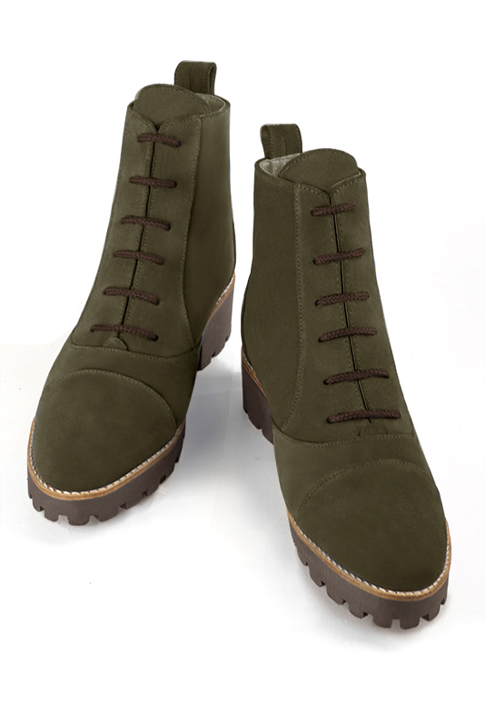 Khaki green women's ankle boots with laces at the front. Round toe. Low rubber soles. Top view - Florence KOOIJMAN